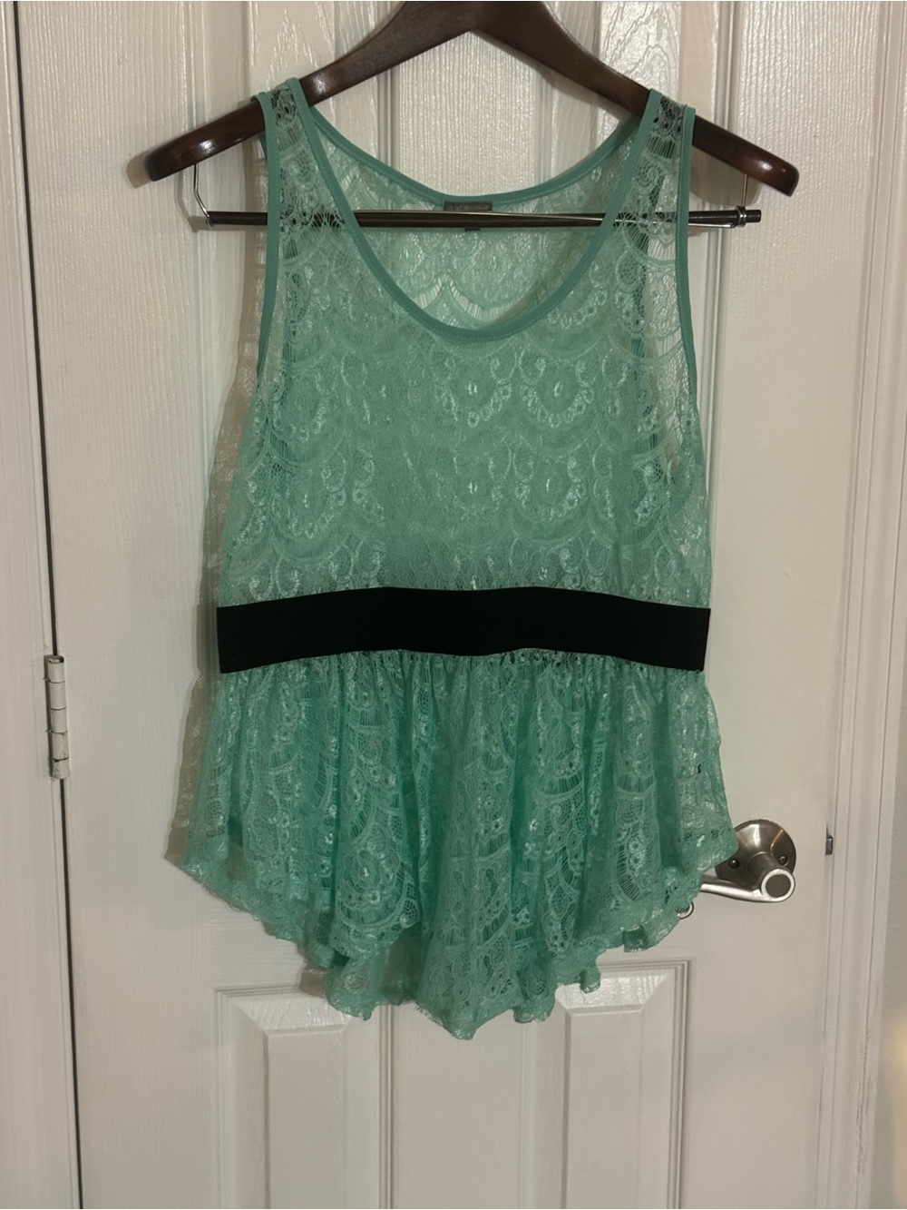 Charlotte Russe Mint Green Lace Peplum Chemise with Black Waistband